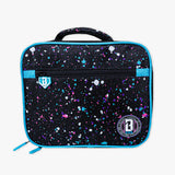 Insulated lunch bag with colorful splatter design and brand logo on a white background