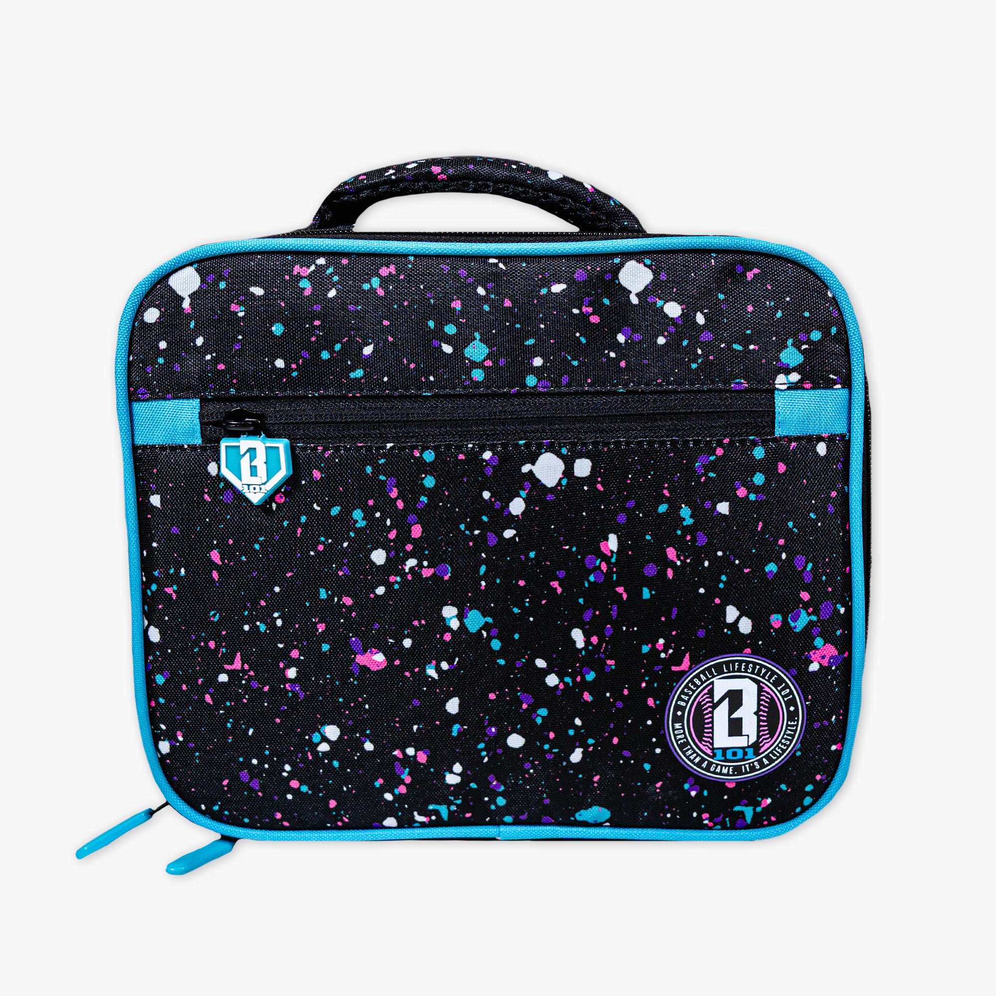 Insulated lunch bag with colorful splatter design and brand logo on a white background