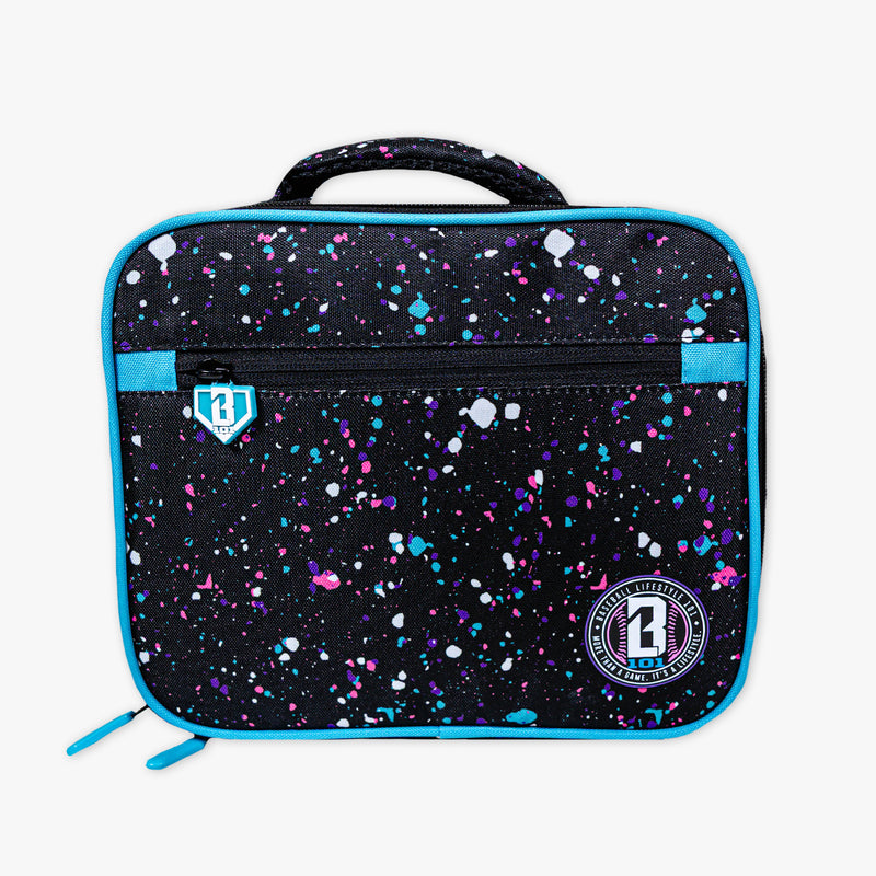 Insulated lunch bag with colorful splatter design and brand logo on a white background