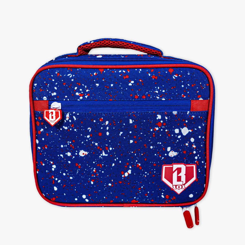 Adult model wearing blue lunch box with "Splatter SZN 2" design