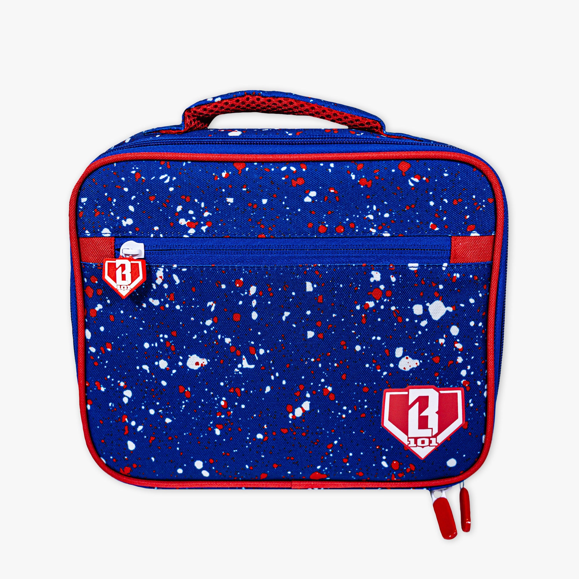 Adult model wearing blue lunch box with "Splatter SZN 2" design