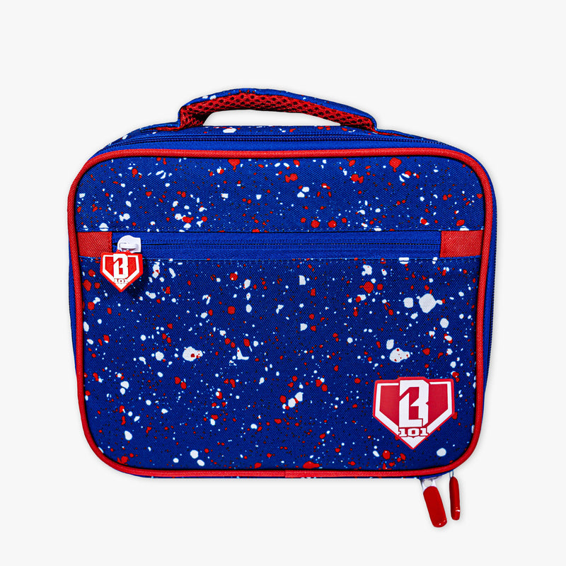 Adult model wearing blue lunch box with "Splatter SZN 2" design