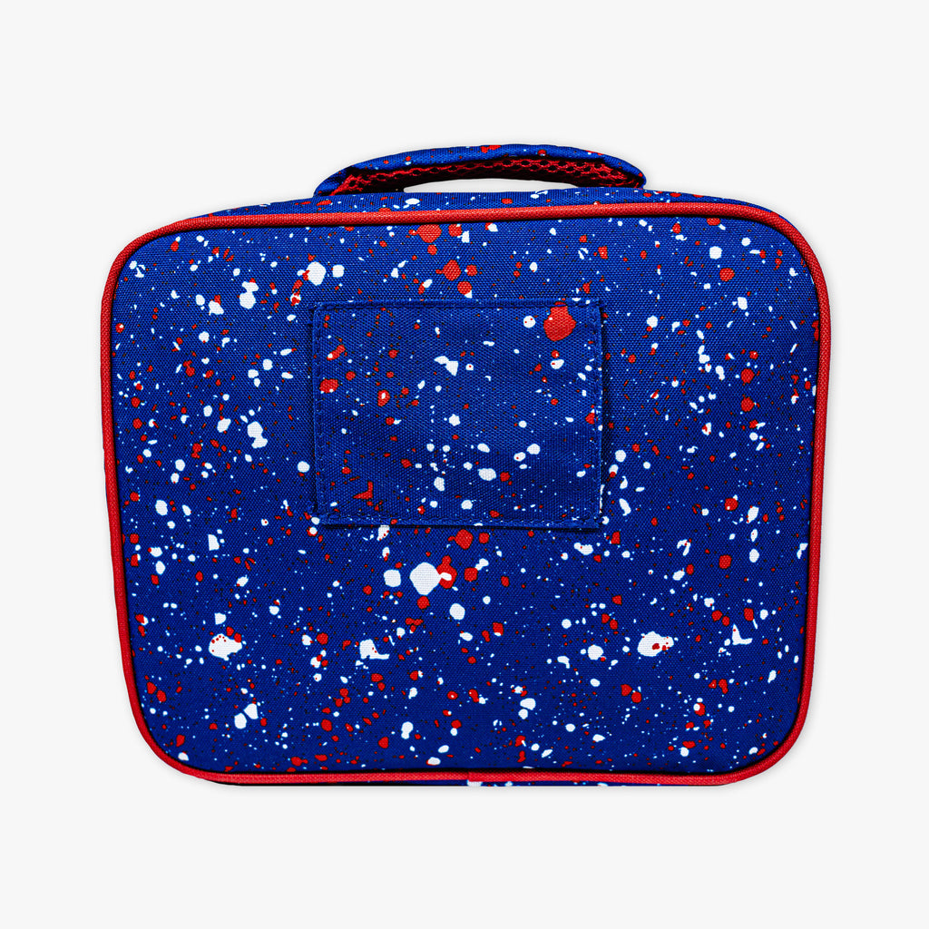 Adult model wearing blue lunch box with "Splatter SZN 2" design
