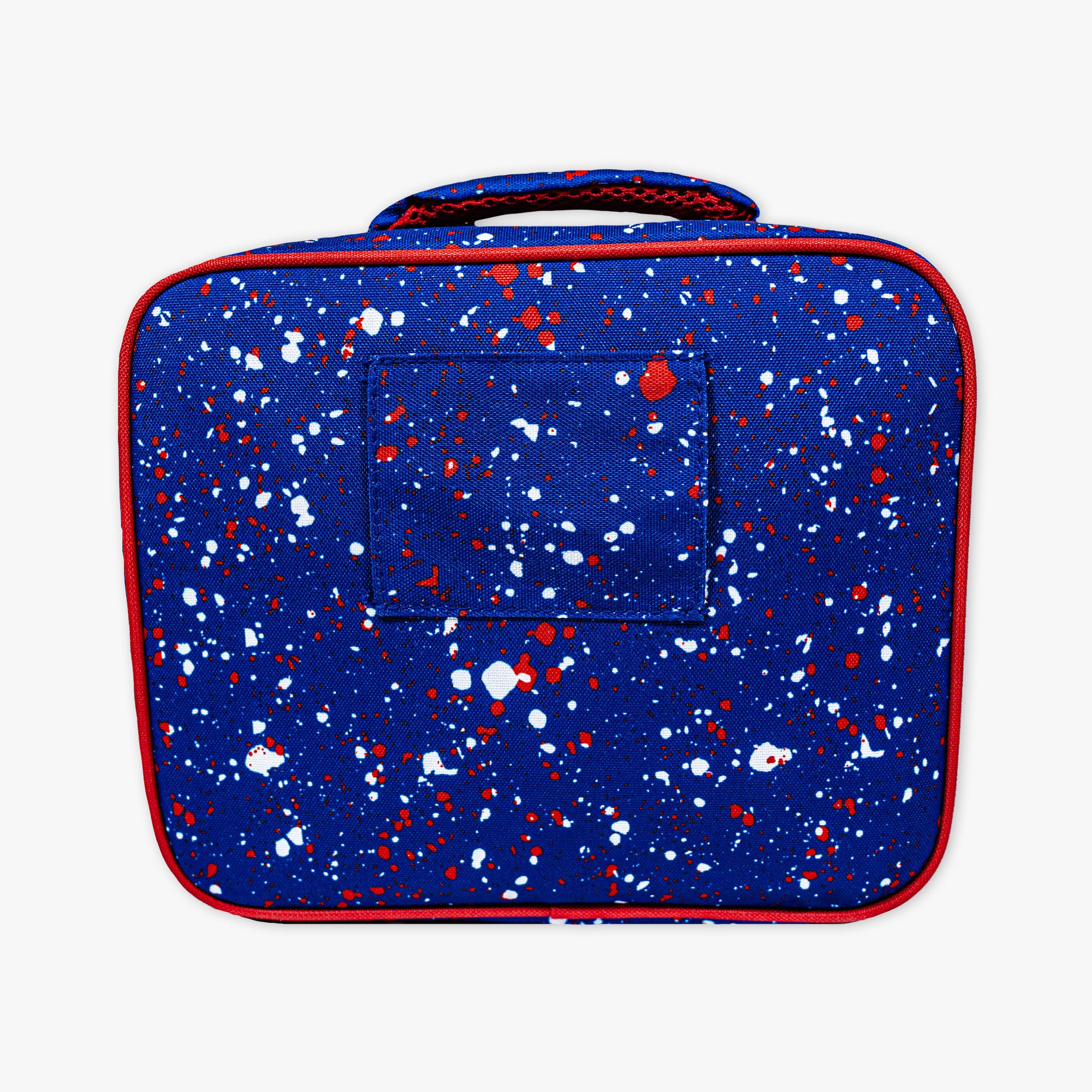 Adult model wearing blue lunch box with "Splatter SZN 2" design