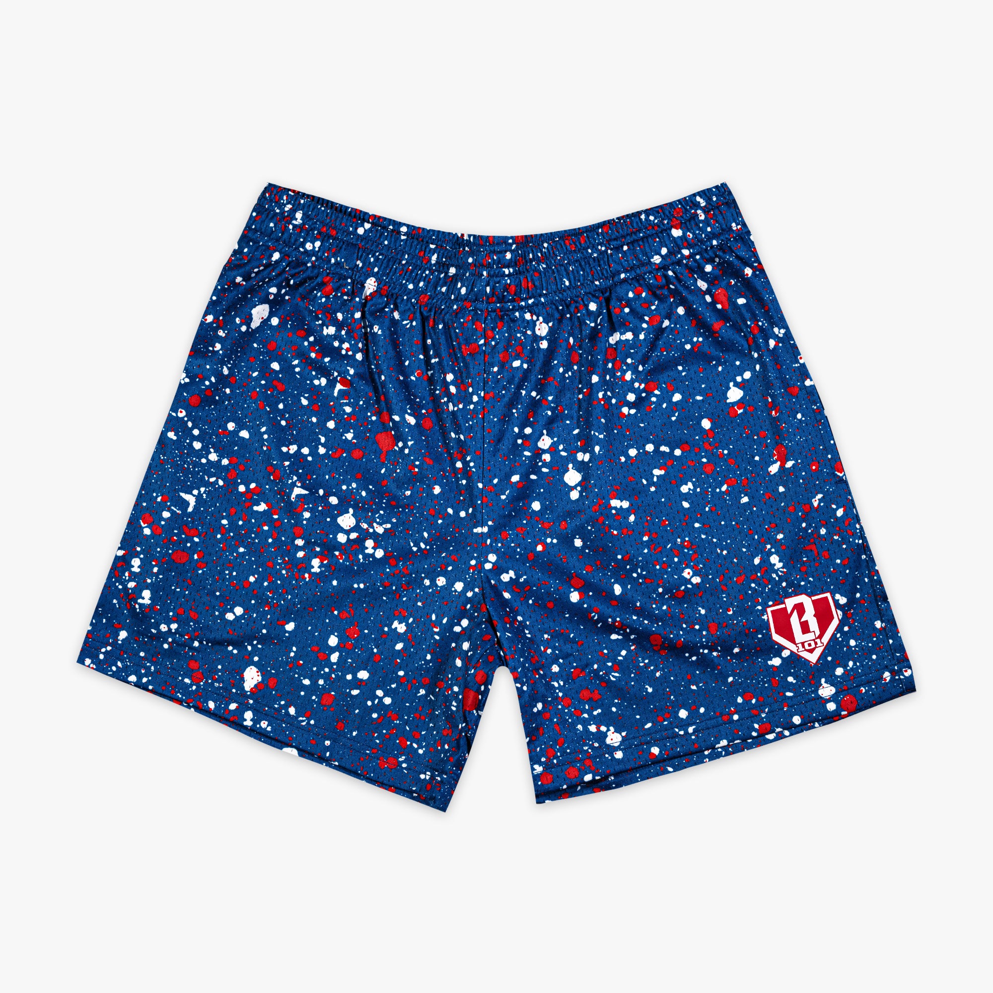 Red, white & blue Splatter USA youth shorts — front view
