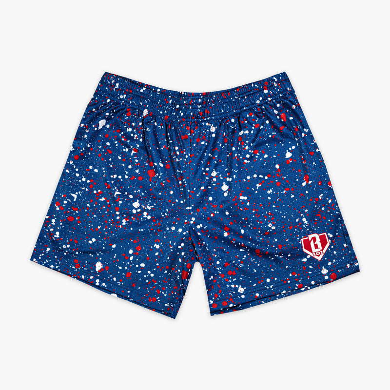 Red, white & blue Splatter USA youth shorts — front view