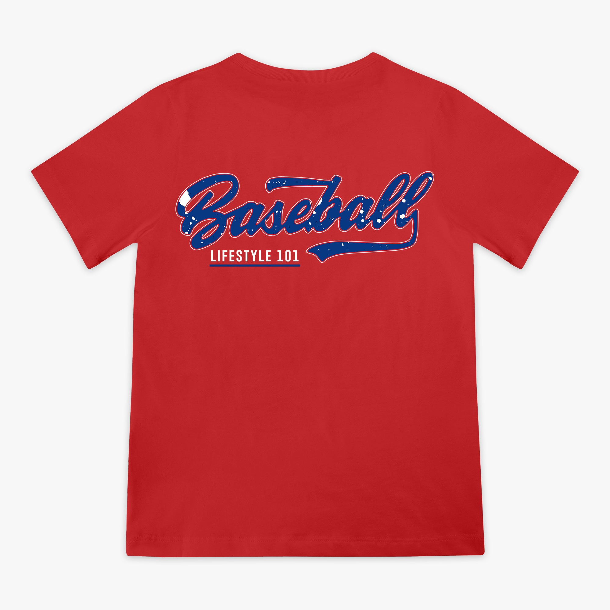Red youth tee with patriotic navy blue and white Baseball Lifestyle 101 splatter graphic