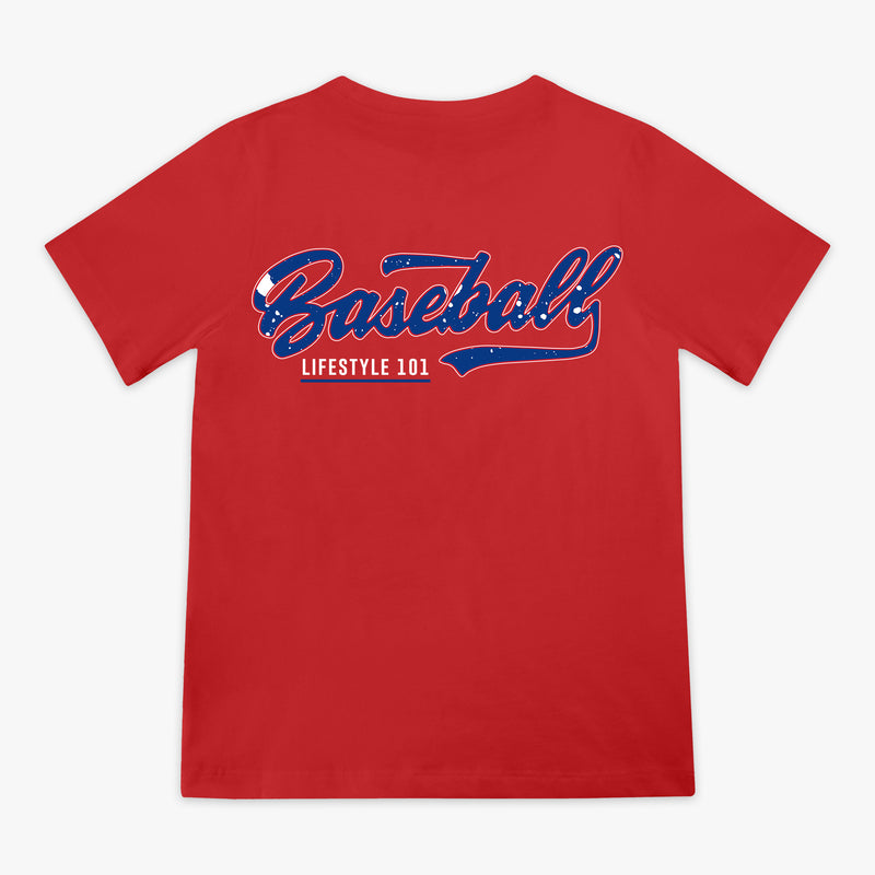 Red youth tee with patriotic navy blue and white Baseball Lifestyle 101 splatter graphic