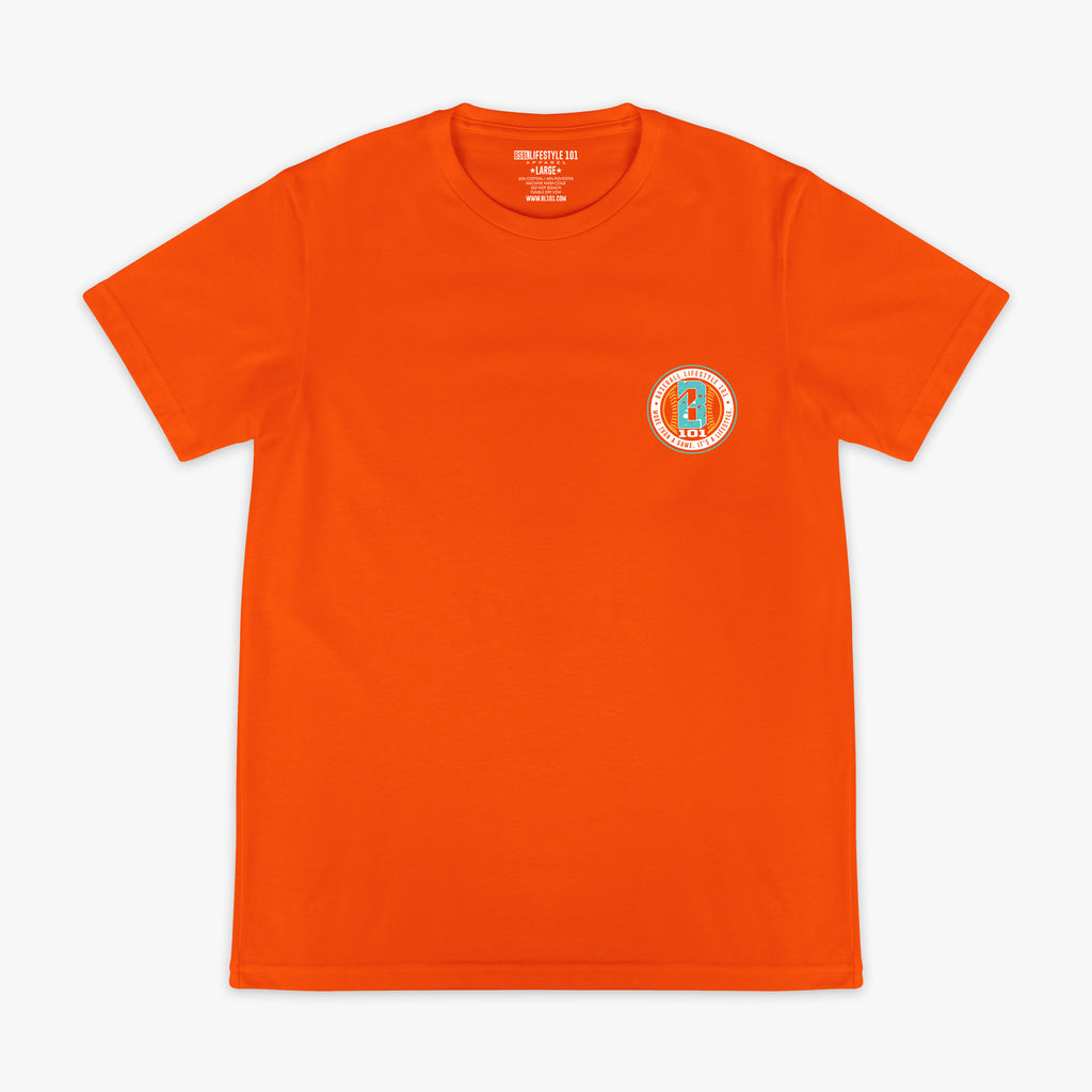 Orange t-shirt with a small BL101 logo on the chest against a white background