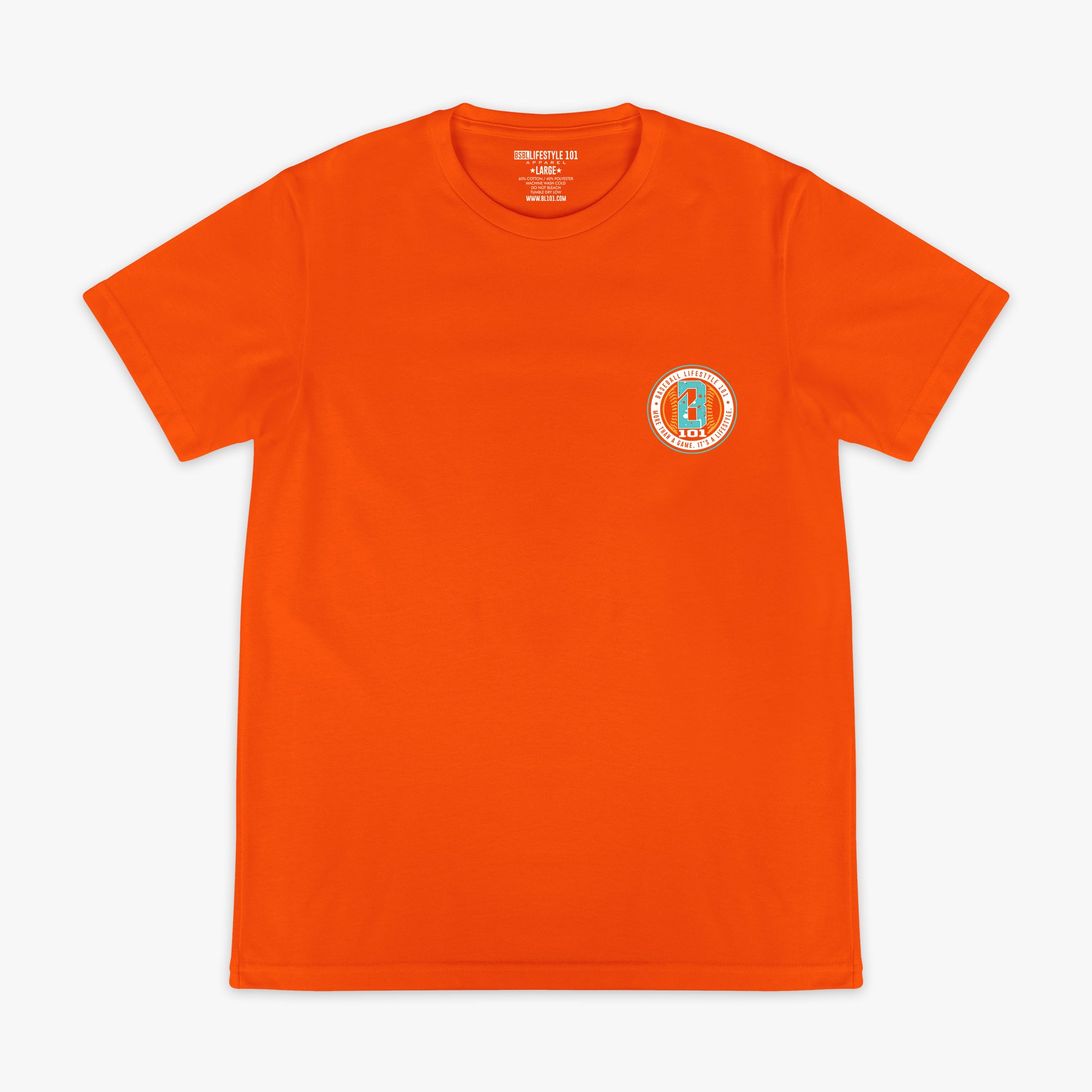 Orange t-shirt with a small BL101 logo on the chest against a white background