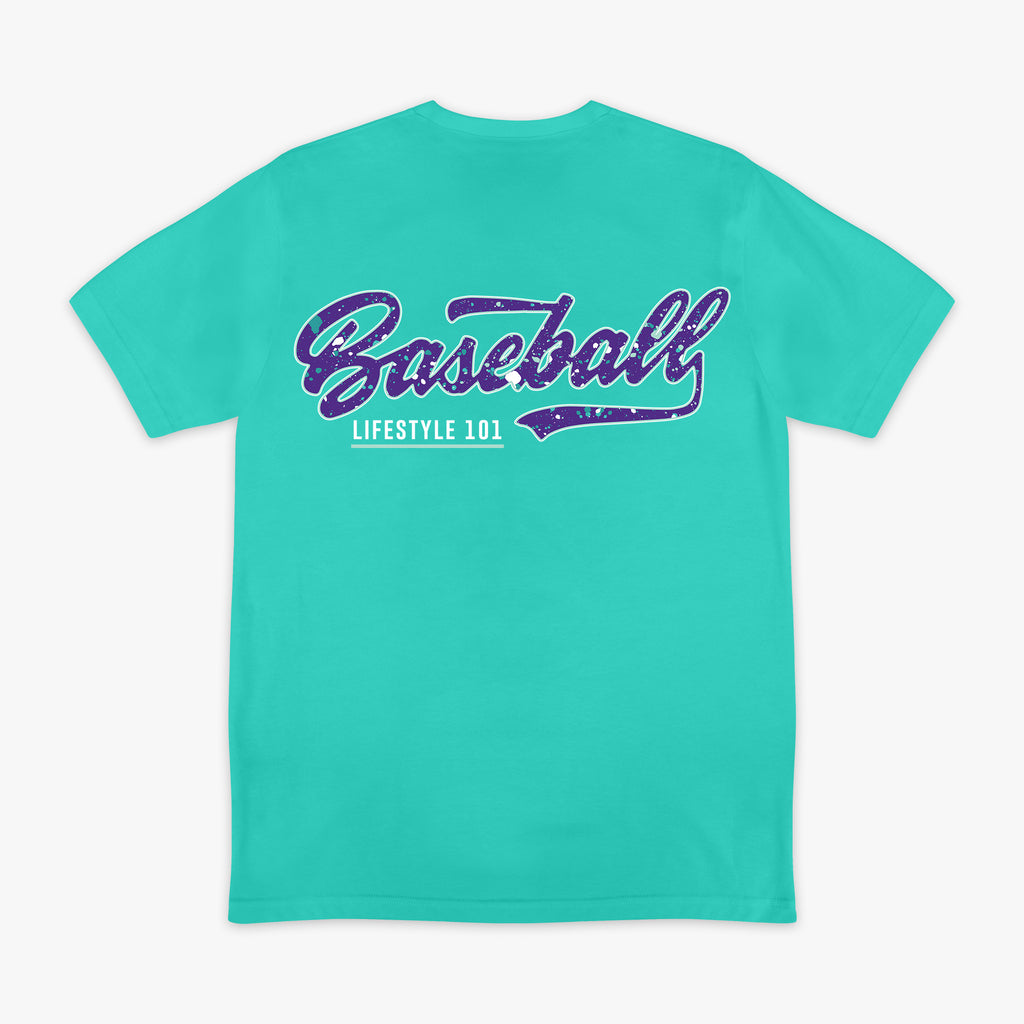 Teal t-shirt with 'Baseball Lifestyle 101' text on the back against a white background