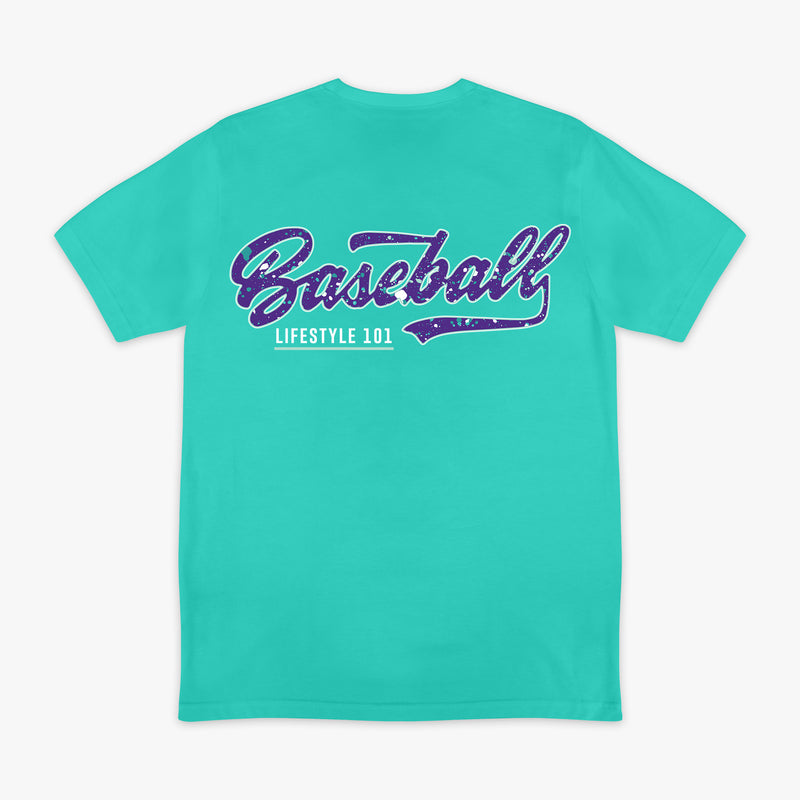 Teal t-shirt with 'Baseball Lifestyle 101' text on the back against a white background