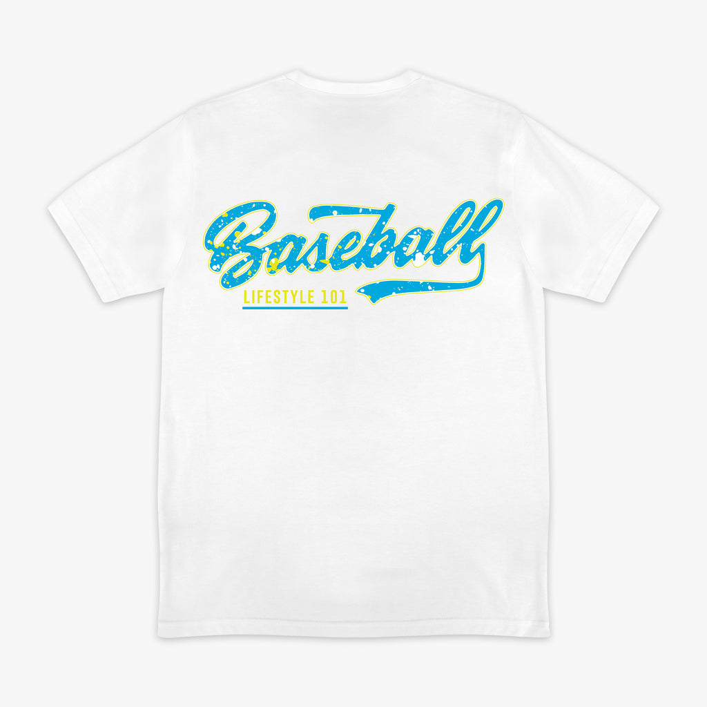 White t-shirt with blue and yellow 'Baseball Lifestyle 101' text on a white background