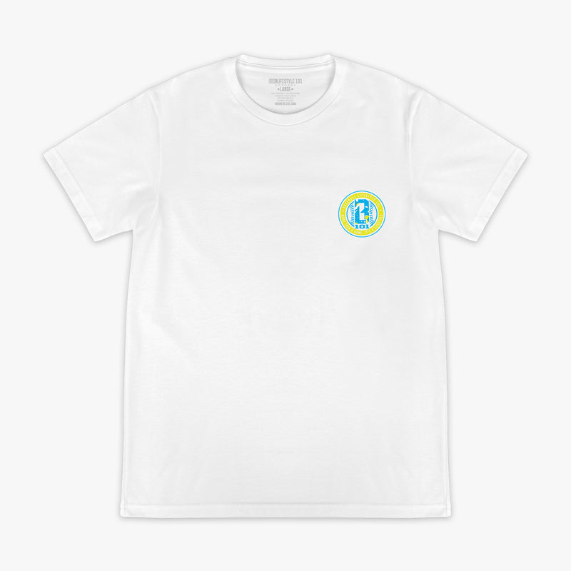 White t-shirt with a small BL101 logo on the chest against a white background