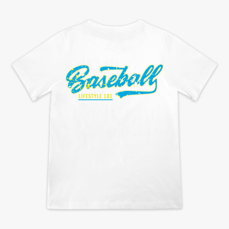 White t-shirt with blue and yellow 'Baseball Lifestyle 101' text on a white background