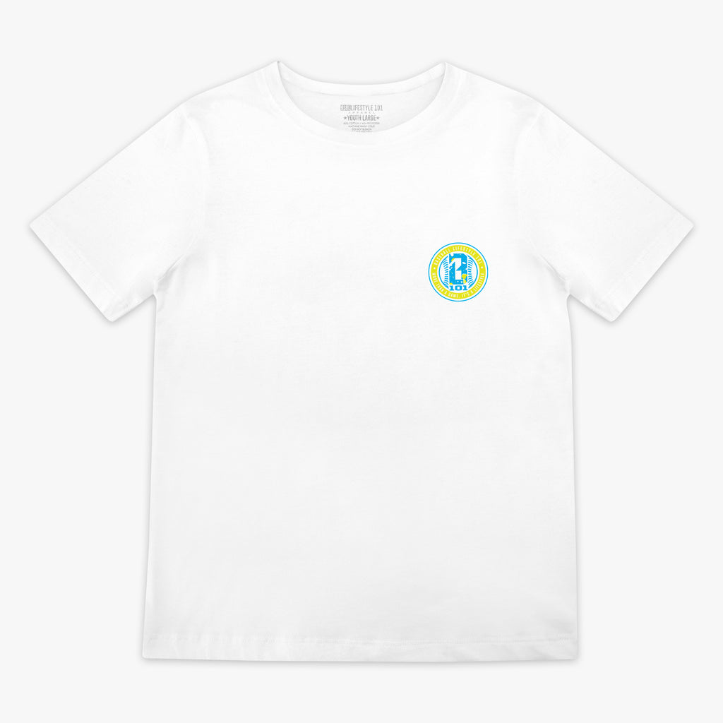White t-shirt with a colorful BL101 logo on a white background