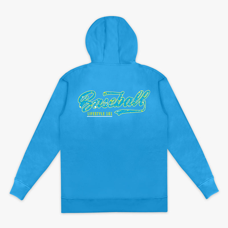 Blue hoodie with green 'Baseball Lifestyle 101' text on the back against a white background