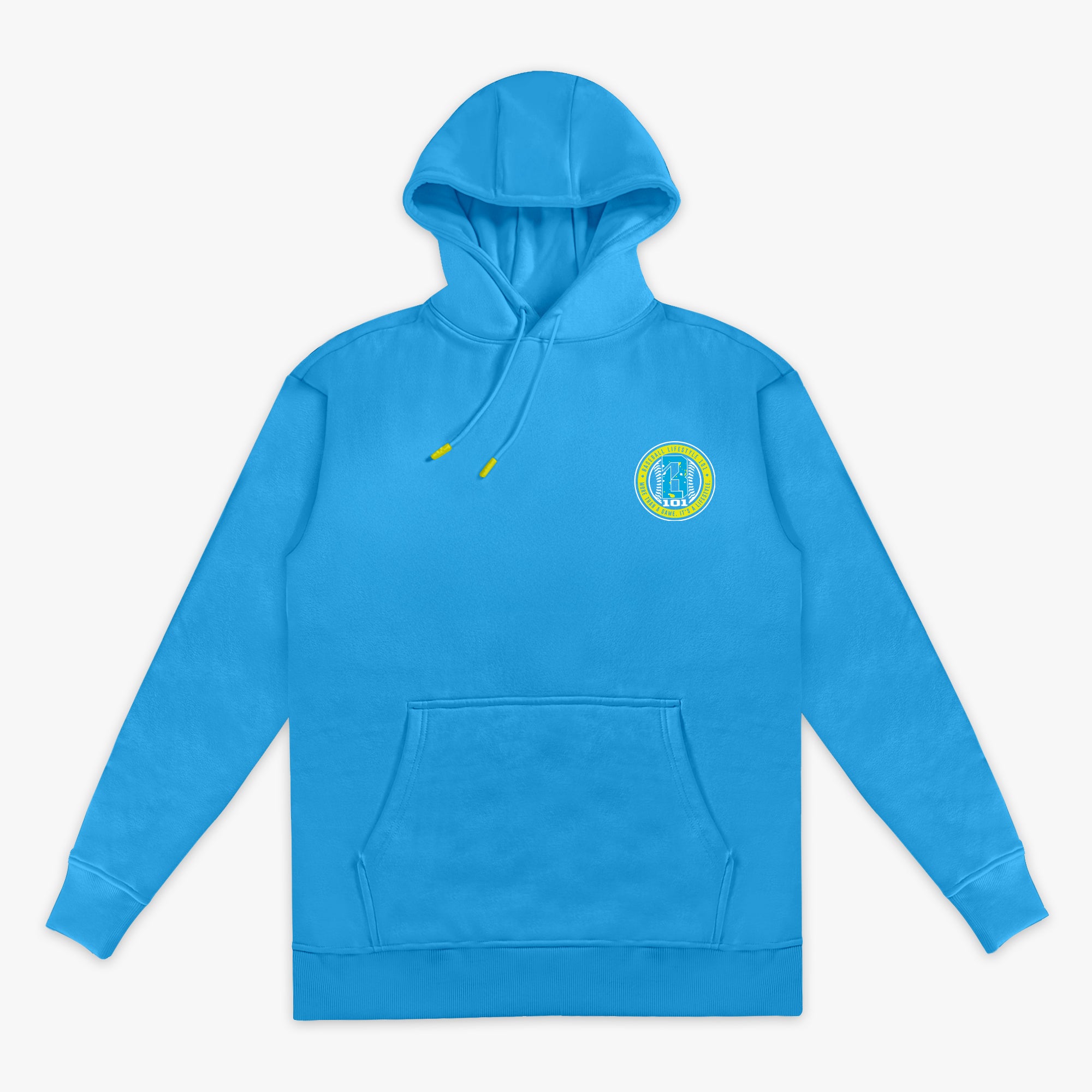 Blue hoodie with a small BL101 logo on a white background