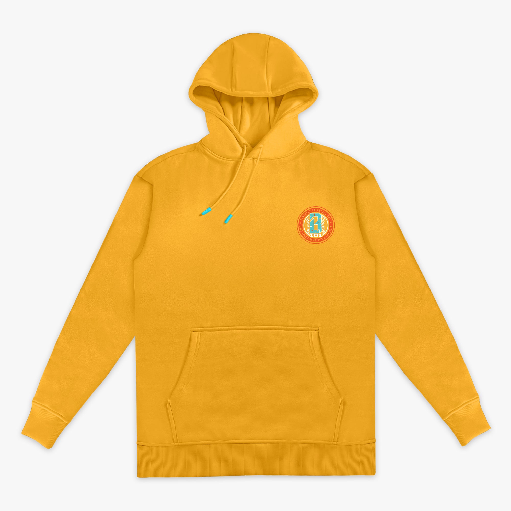 Orange hoodie with a BL101 logo on the chest against a white background