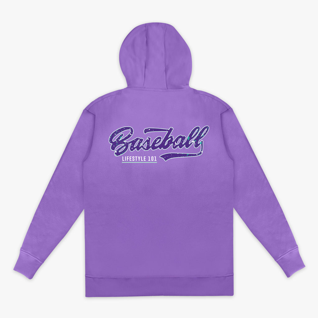 Purple hoodie with 'Baseball Lifestyle 101' text on the back against a white background