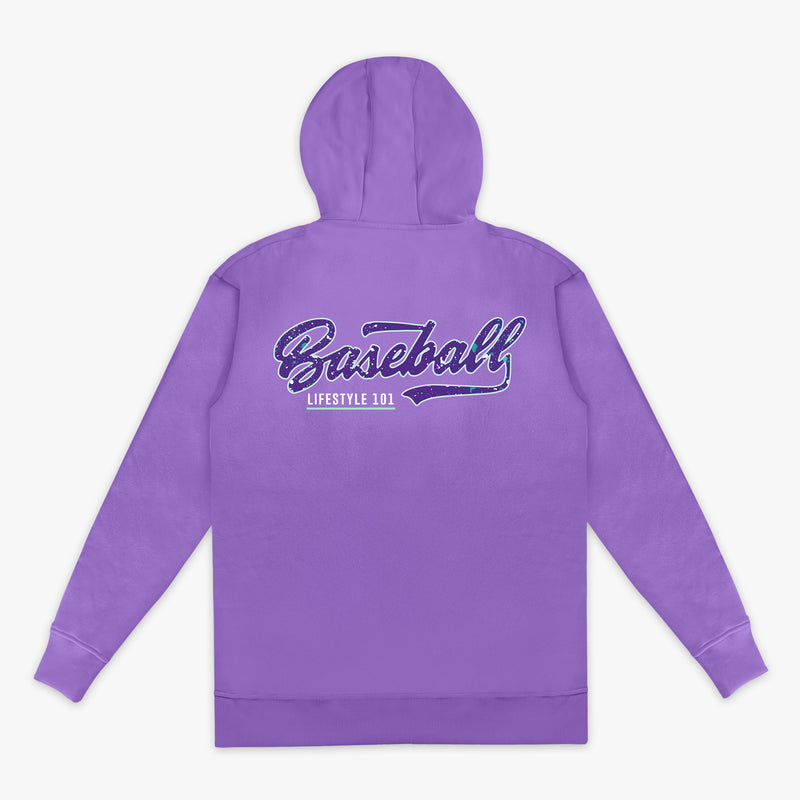 Purple hoodie with 'Baseball Lifestyle 101' text on the back against a white background