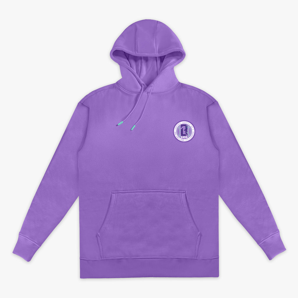 Purple hoodie with a small BL101 logo on the chest against a white background