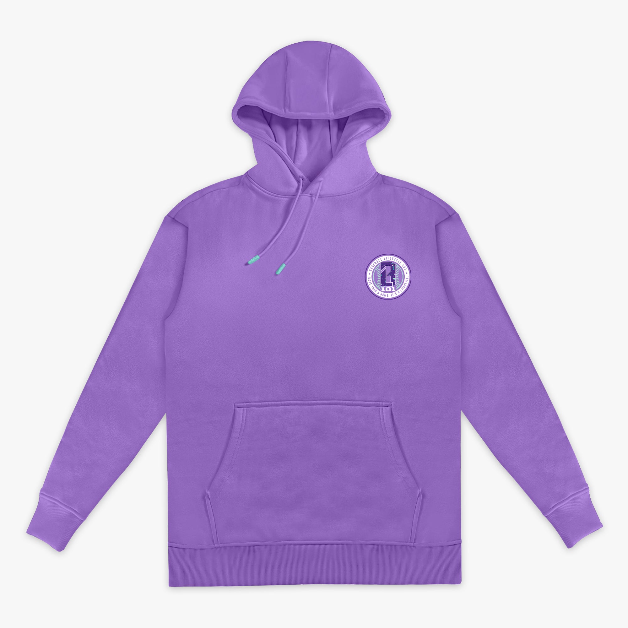 Purple hoodie with a small BL101 logo on the chest against a white background