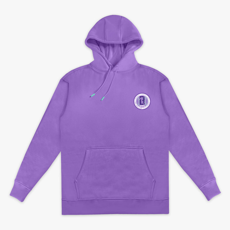 Purple hoodie with a small BL101 logo on the chest against a white background