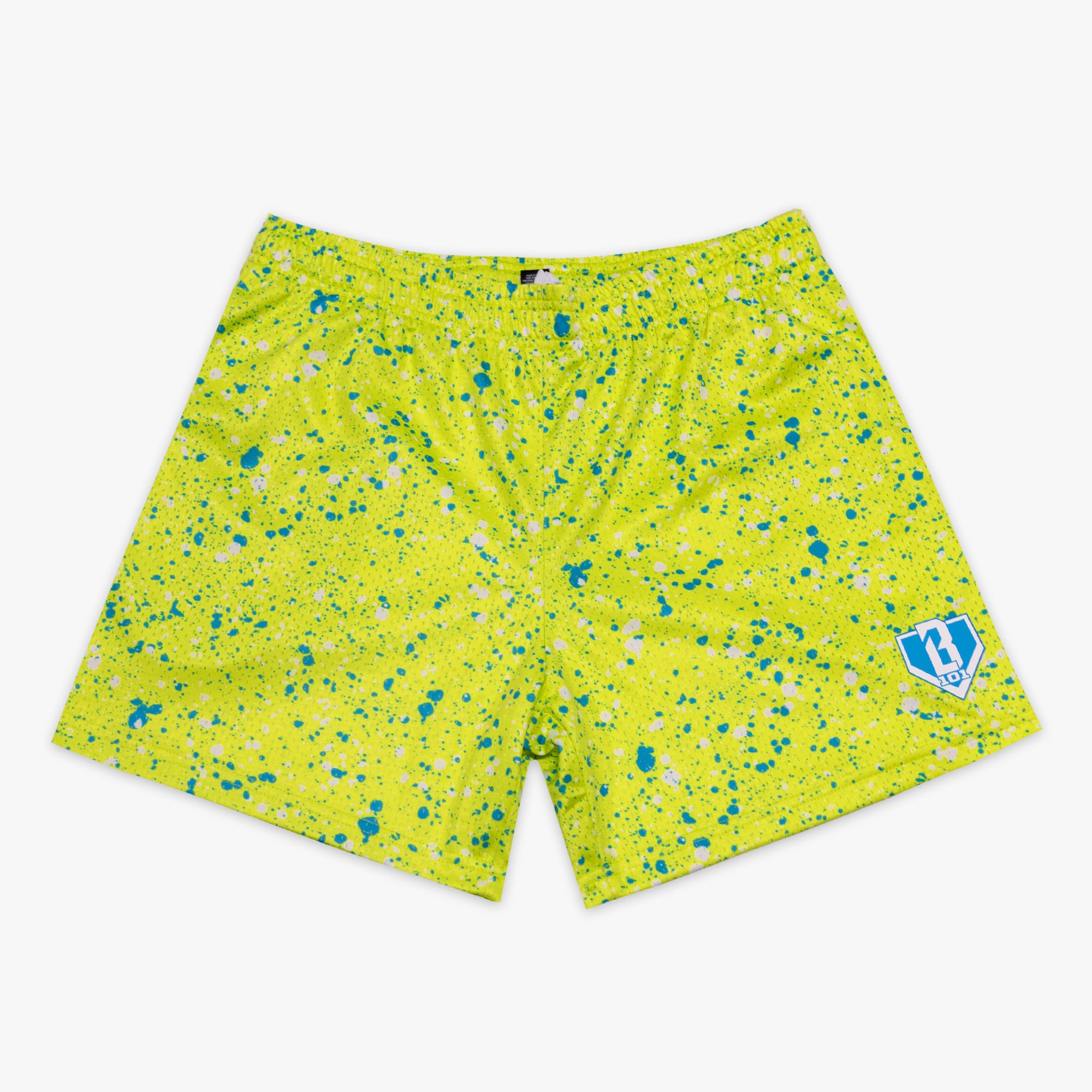 Yellow shorts with blue speckles on a white background