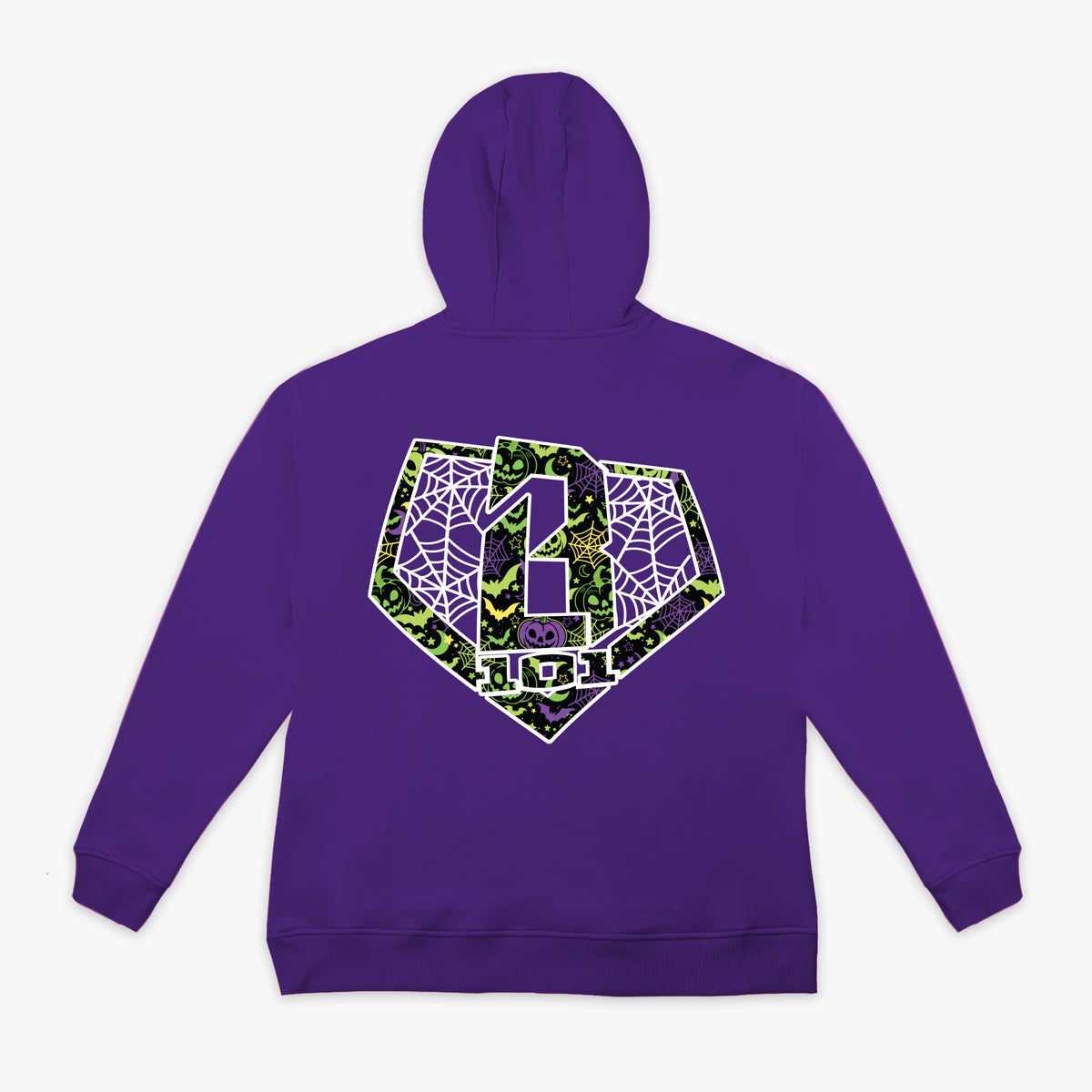 Purple hoodie with green and black BL101 logo and spider webs