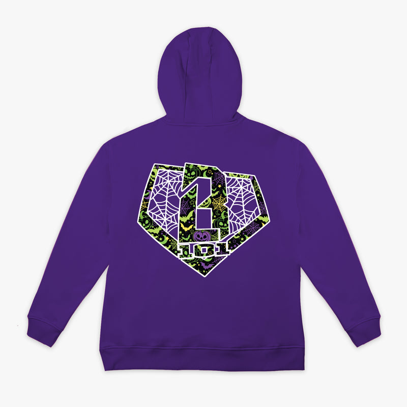 Purple hoodie with green and black BL101 logo and spider webs