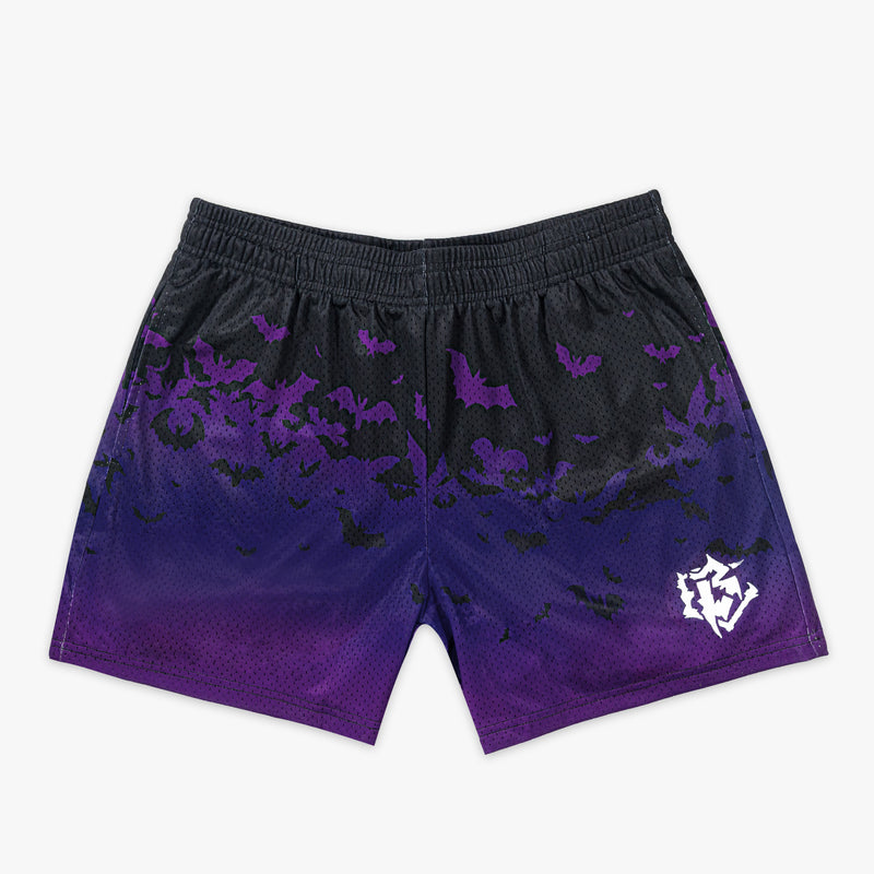 Purple and black shorts with a bat design and BL logo on a white background