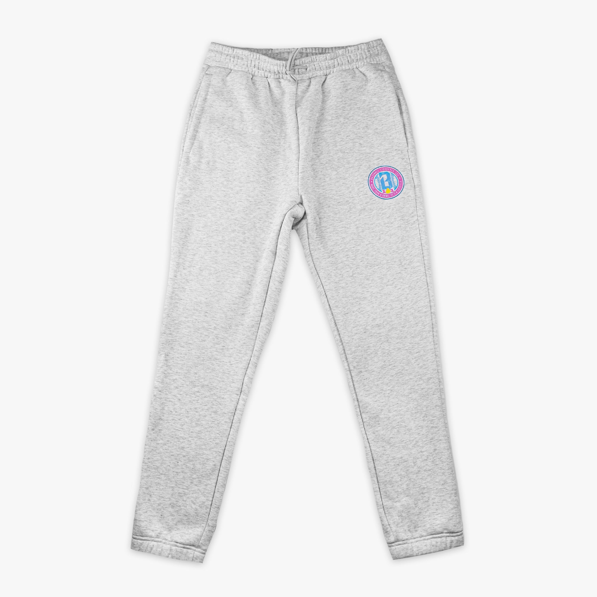Gray sweatpants with a colorful BL101 logo on a white background