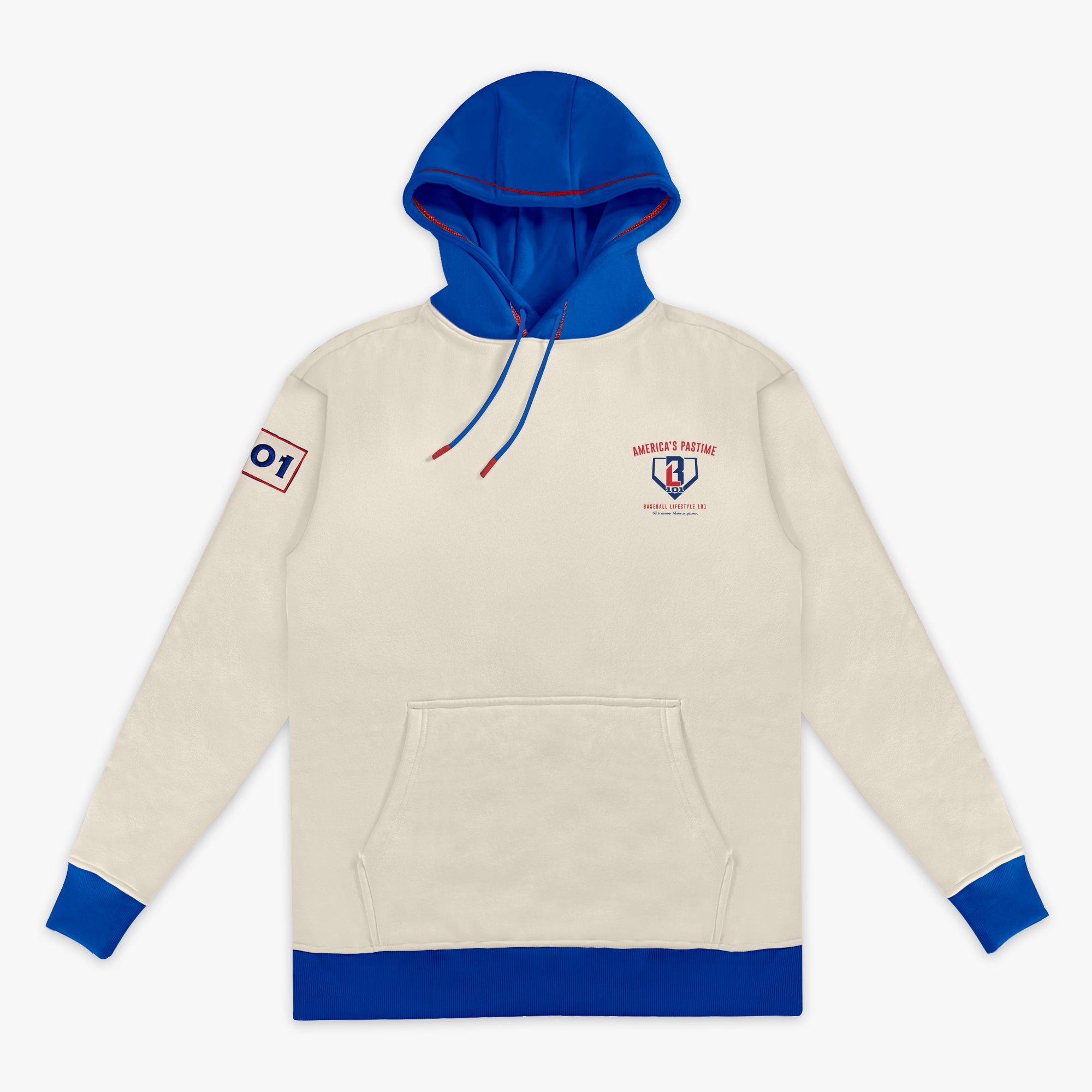 Cream stadium hoodie with royal blue hood, BL101 logo, blue drawstrings and cuffs