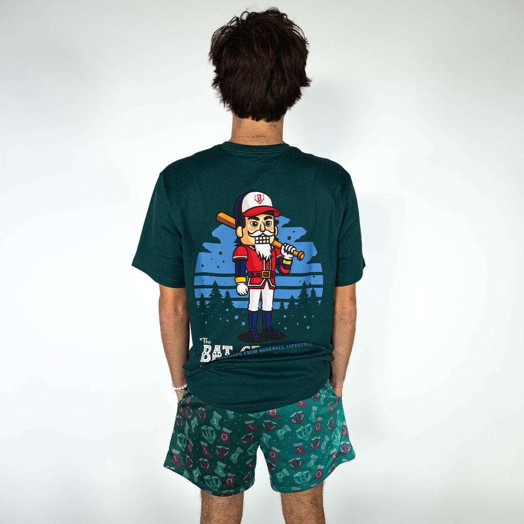 Adult model wearing green Stitched For The SZN shorts
