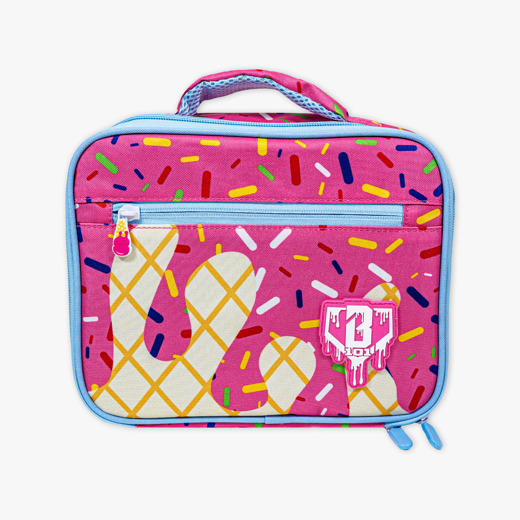 Adult model wearing pink lunch box with "Strawberry Ice Cream  SZN 2" design