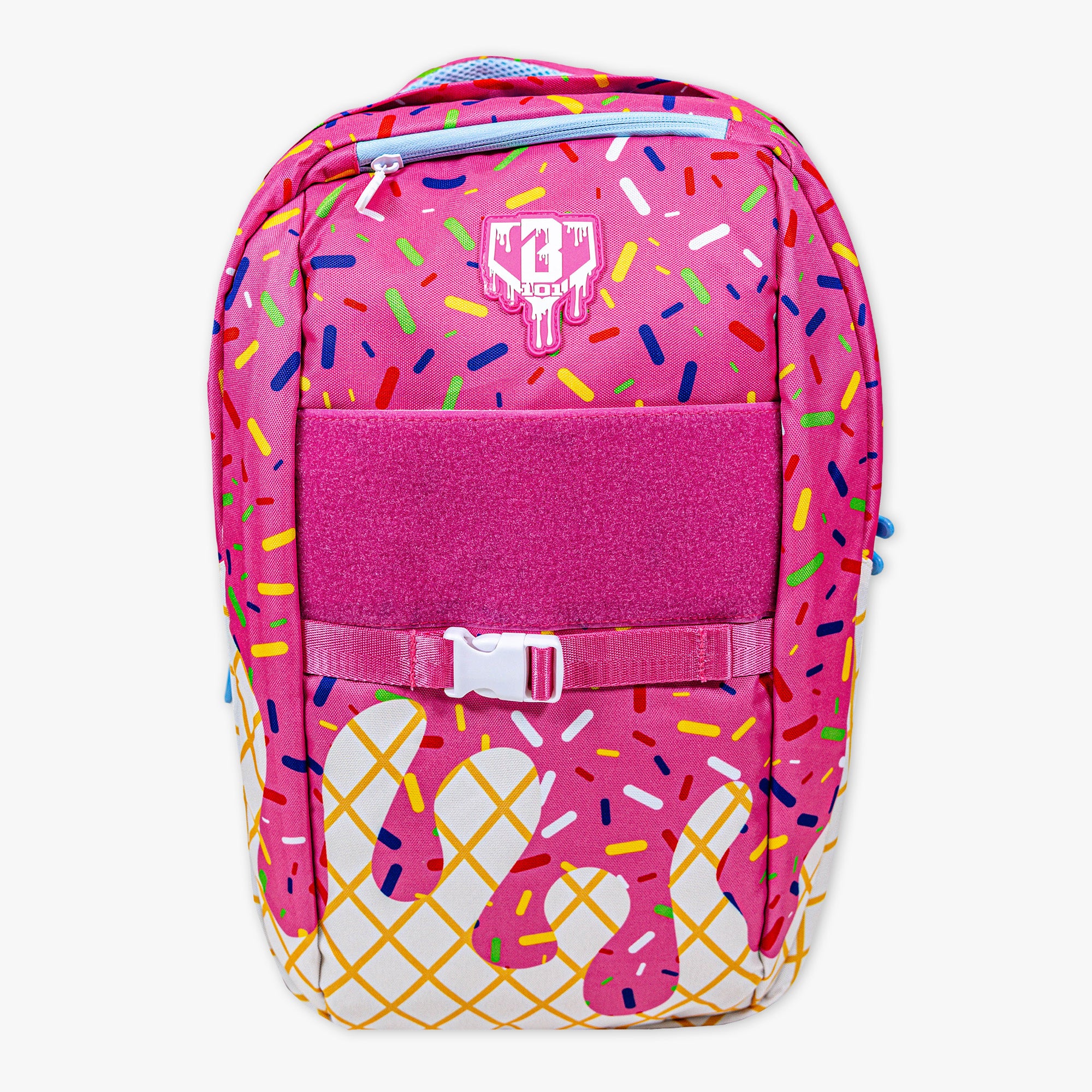 Adult model wearing pink backpack with "Strawberry Ice Cream  SZN 2" design