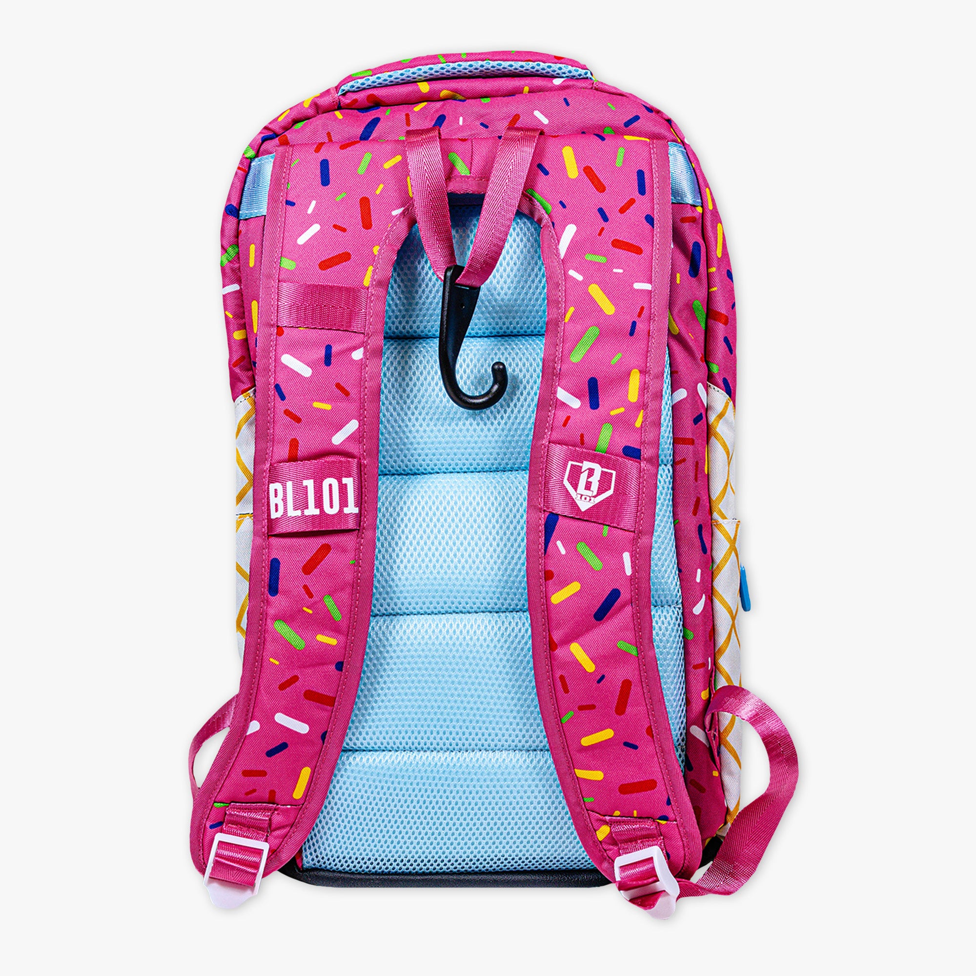 Adult model wearing pink backpack with "Strawberry Ice Cream  SZN 2" design