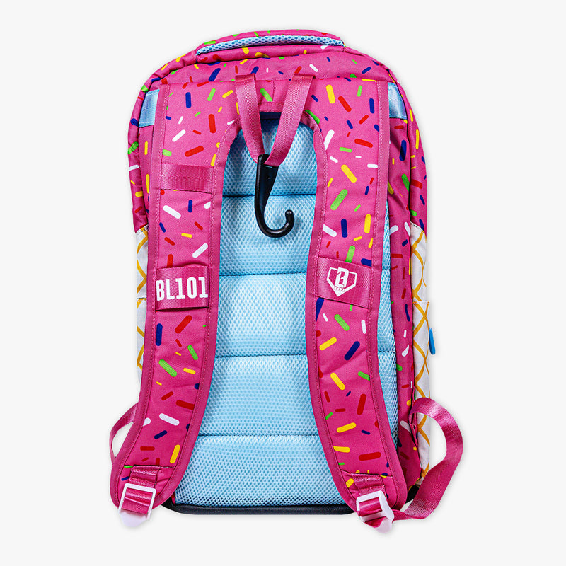 Adult model wearing pink backpack with "Strawberry Ice Cream  SZN 2" design