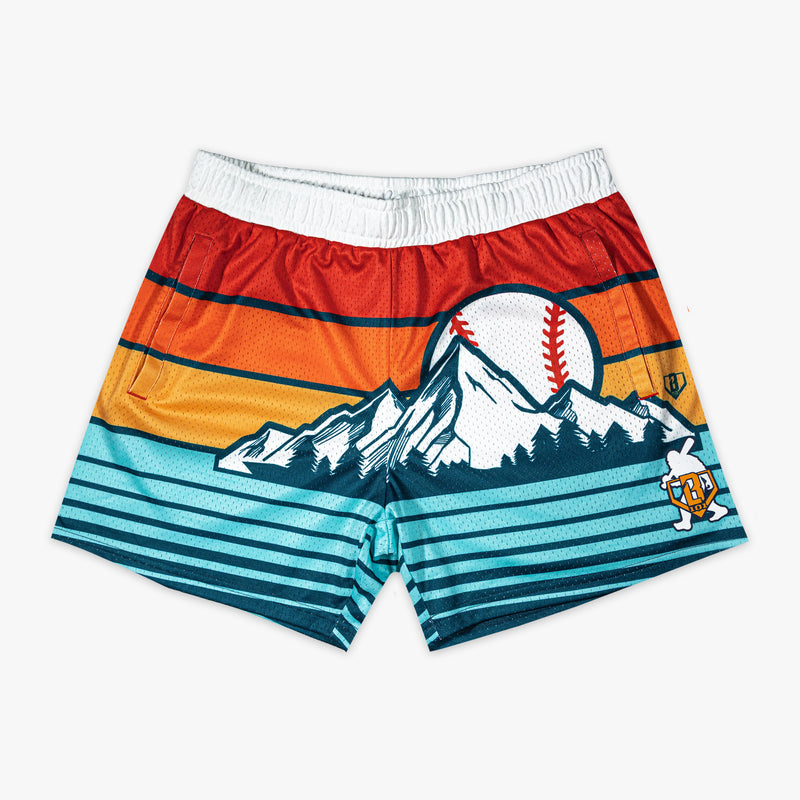 Sunrise Shorts baseball retro mountain red orange gold teal