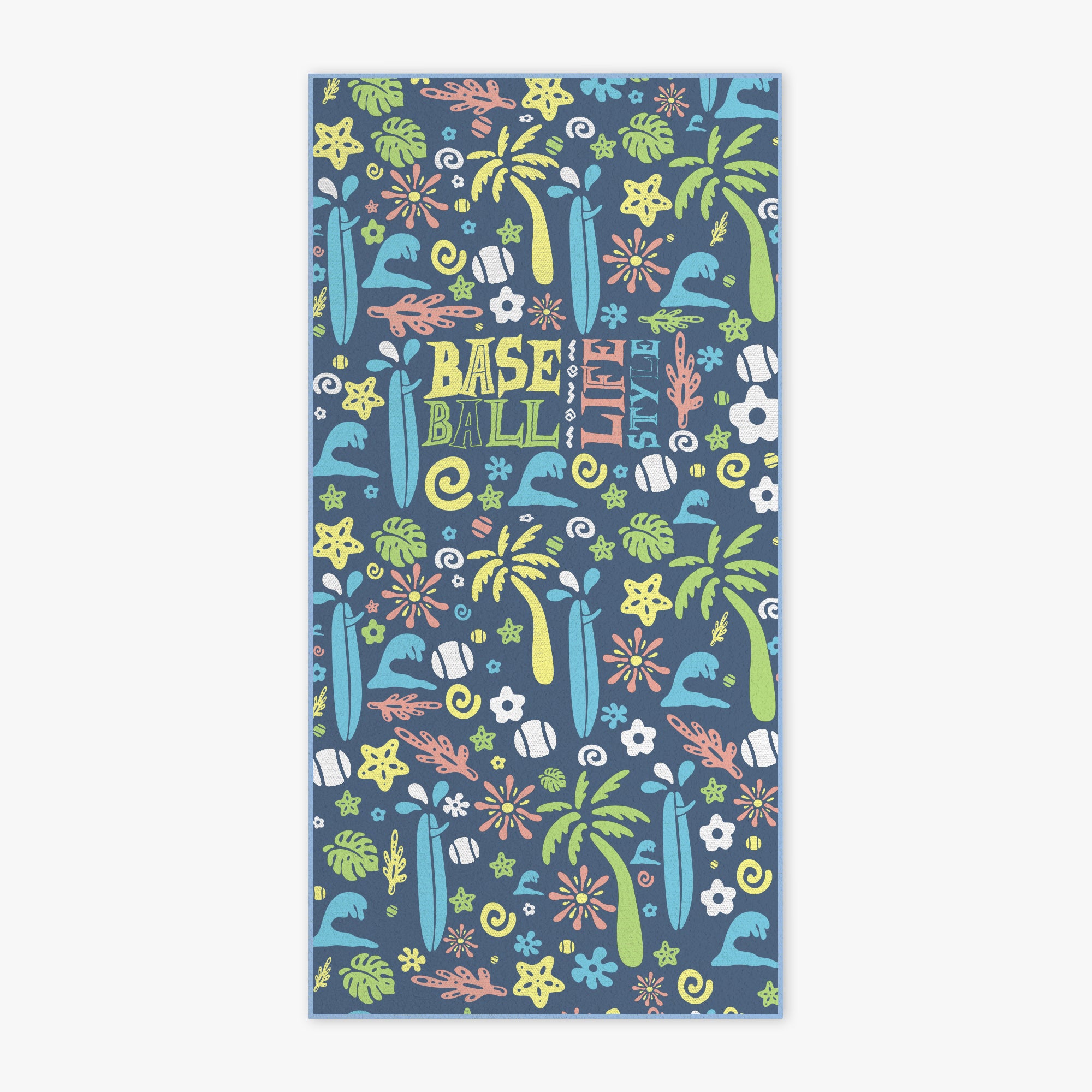 A rectangular beach towel featuring a colorful tropical and baseball-themed pattern on a slate blue background. The design includes palm trees, surfboards, baseball bats, flowers, and the words 'BASEBALL LIFE STYLE' in a playful multicolor font.