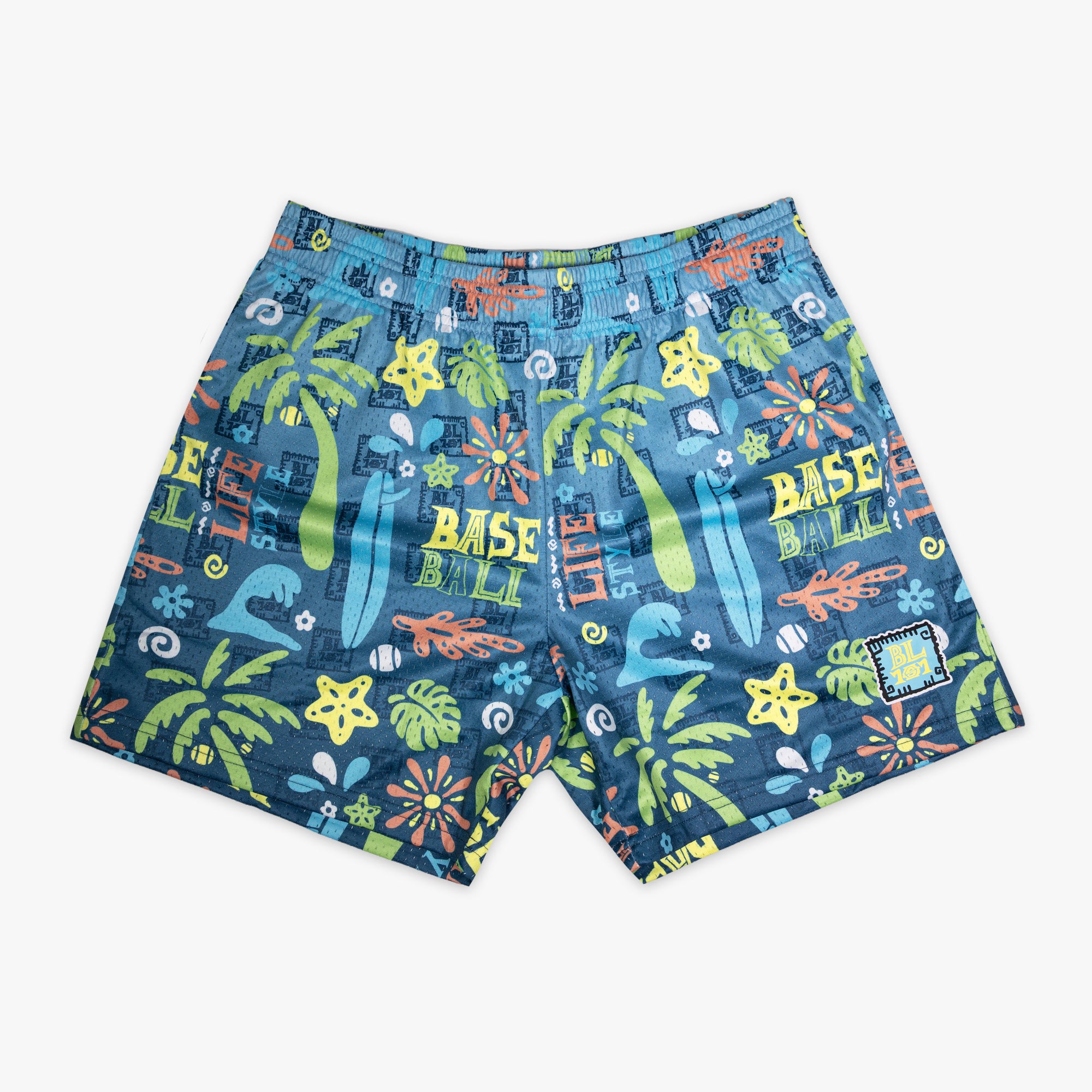 Multi-color youth shorts with "Surfside Slugger" design — front view