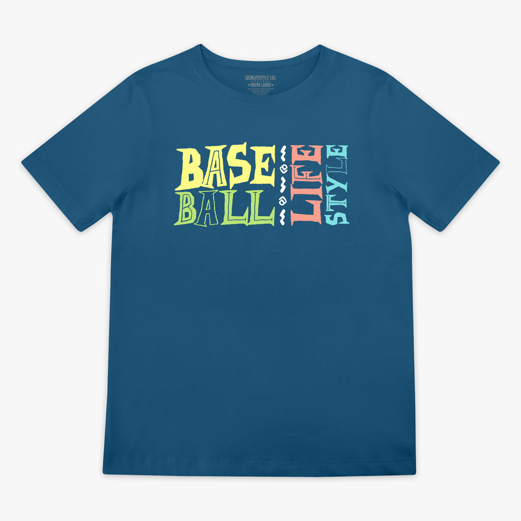Blue youth graphic tee with "Surfside Slugger" design — front view
