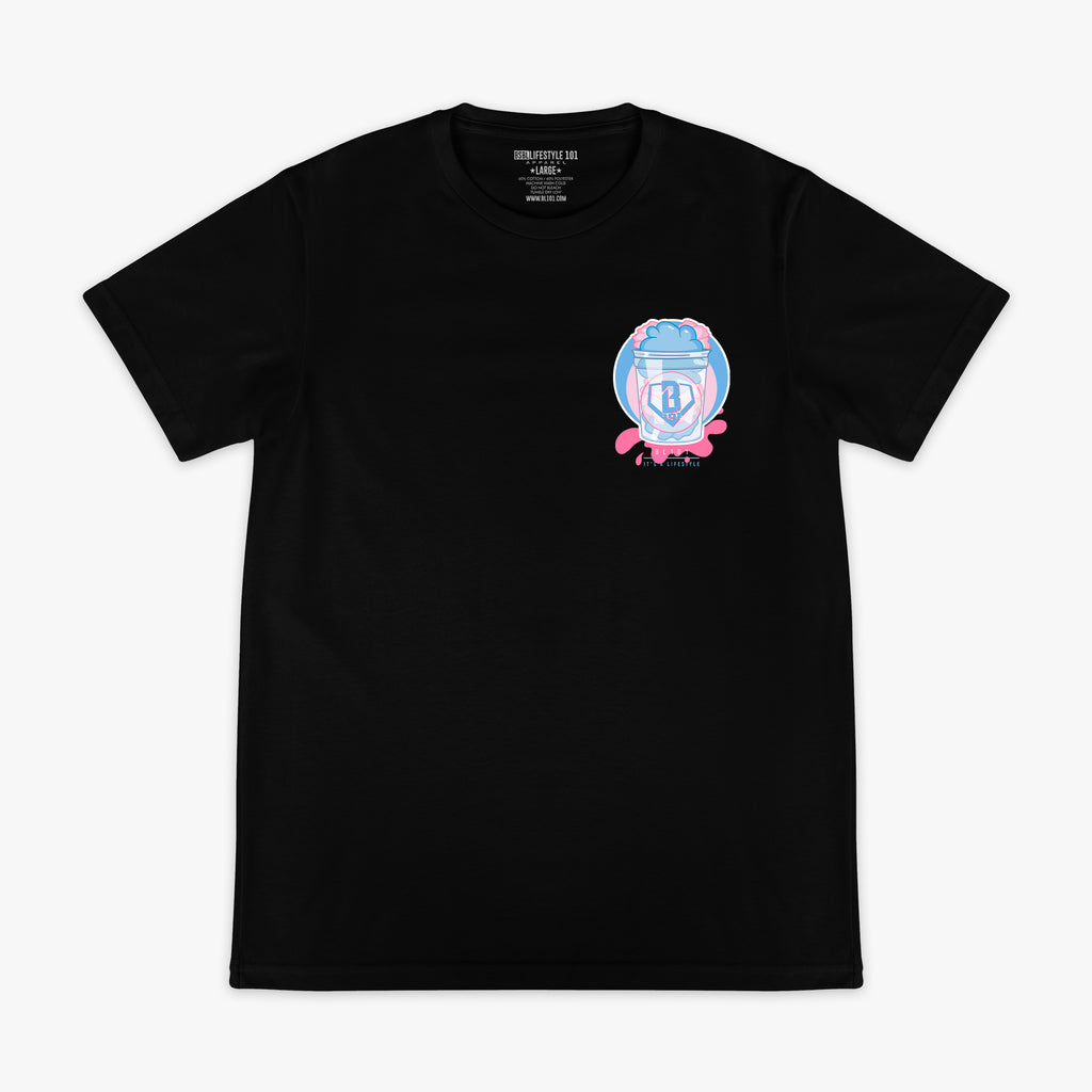 Black t-shirt with cotton candy graphic on a white background