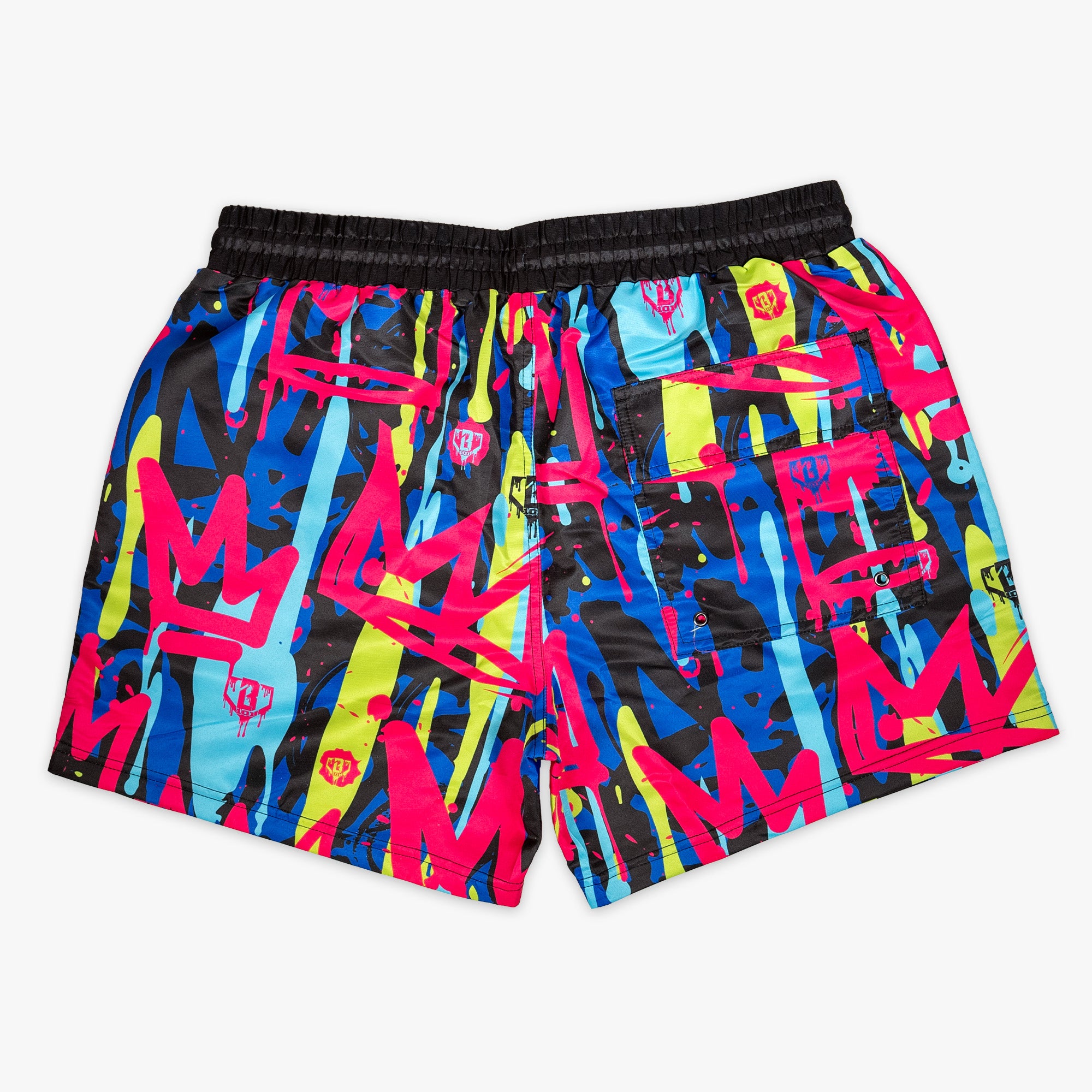 Colorful shorts with a graphic design on a white background