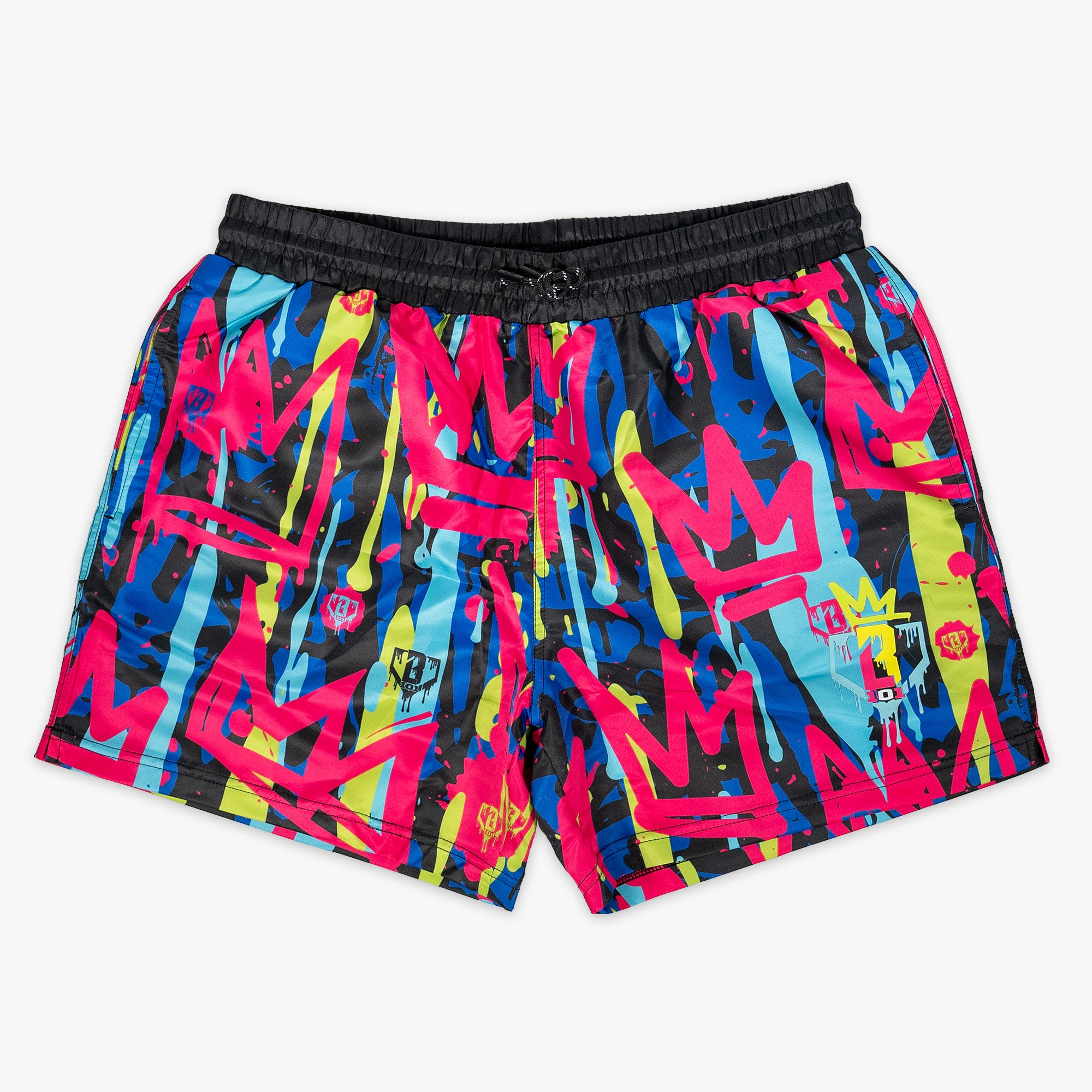 Multi-color trunks with “Graffiti Crown Swim Trunks” design — front view
