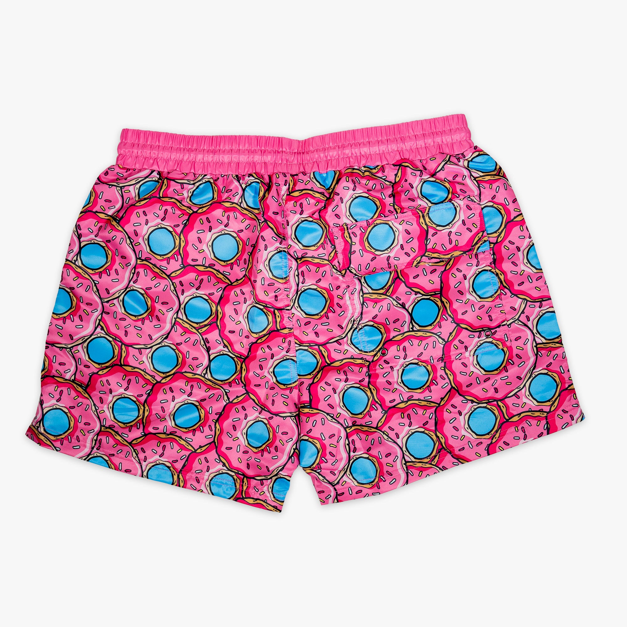 Pink swim shorts with donut pattern on a white background