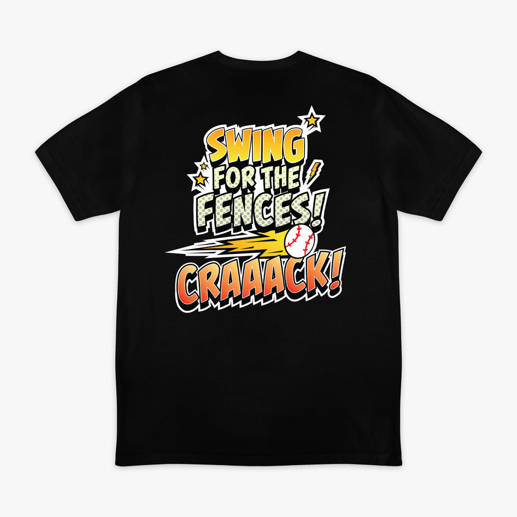Black graphic tee with "Swing For The Fences" design — back view