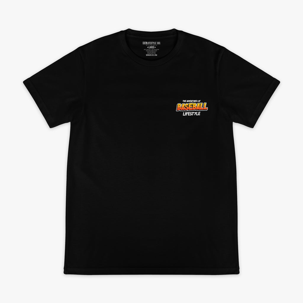 Black graphic tee with "Swing For The Fences" design — front view