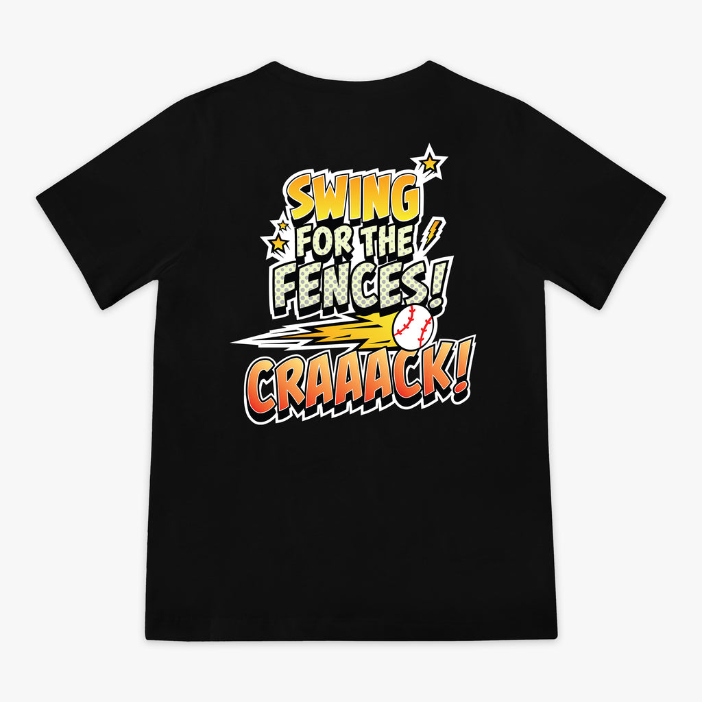 Black youth graphic tee with "Swing For The Fences" design — back view